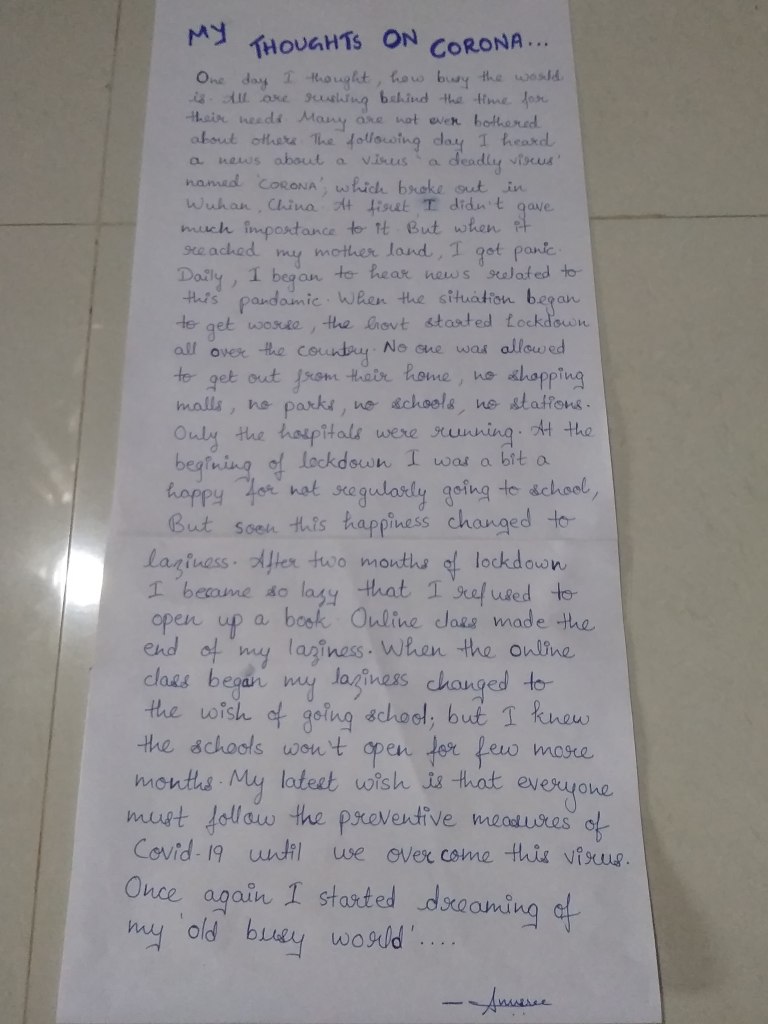 "My Thoughts on Corona" by Anusree, 13, Trivandrum, Kerala, India